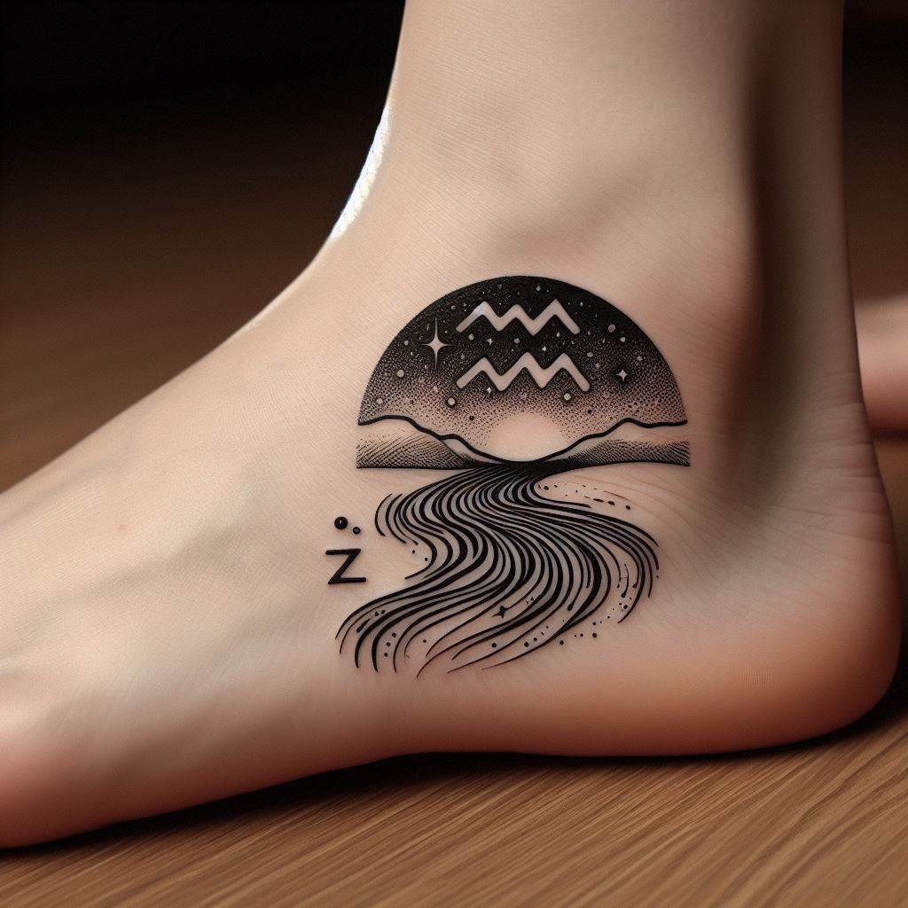 An Aquarius tattoo on the arch of the foot, portraying a minimalist scene of a river flowing beneath a starry sky. The river, representing the water element of Aquarius, is depicted with simple, flowing lines, while the stars above hint at the sign's astrological significance. The design uses subtle shading and fine lines to create the illusion of movement and depth, making it a discreet yet meaningful piece that connects the wearer with the elements of water and air.