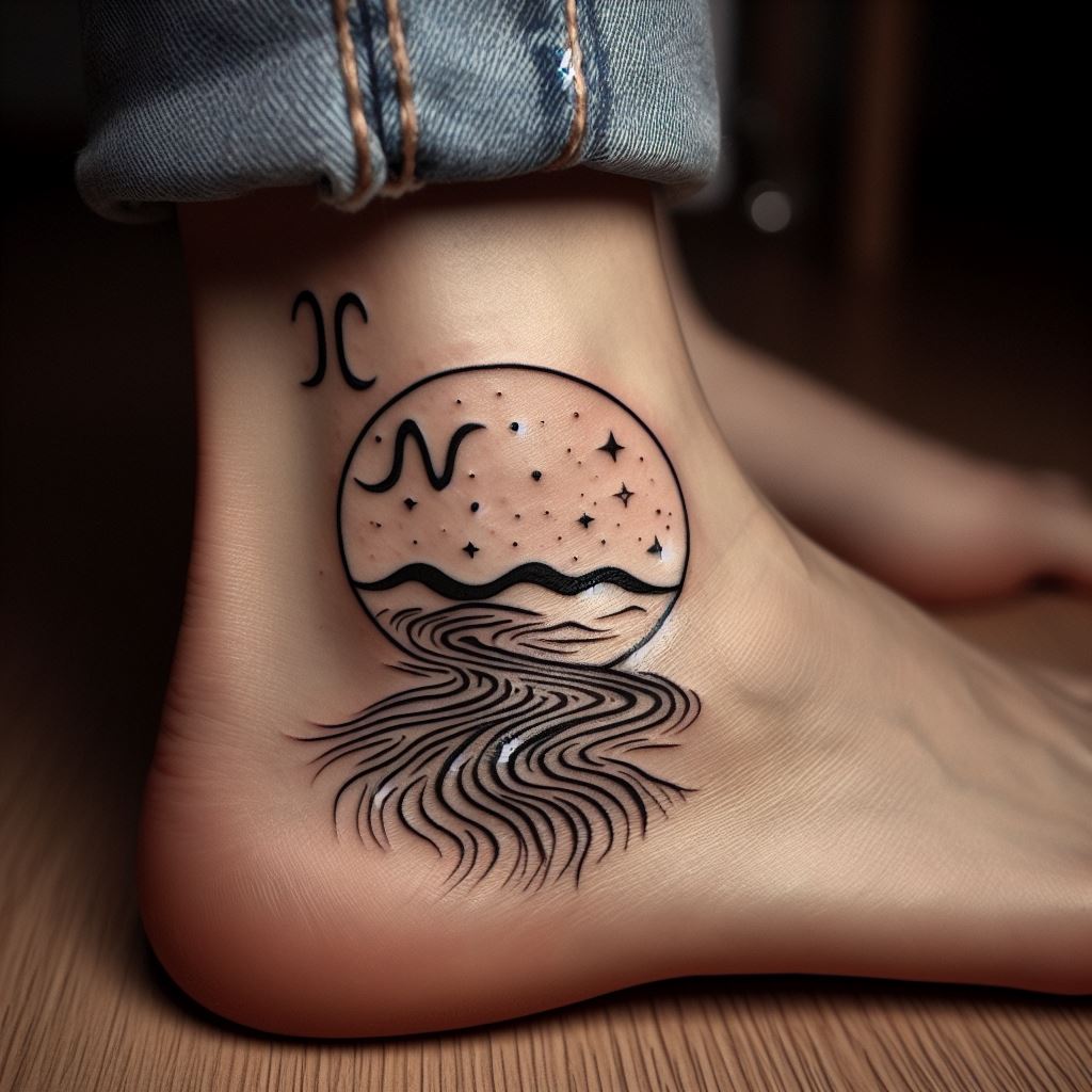 An Aquarius tattoo on the arch of the foot, portraying a minimalist scene of a river flowing beneath a starry sky. The river, representing the water element of Aquarius, is depicted with simple, flowing lines, while the stars above hint at the sign's astrological significance. The design uses subtle shading and fine lines to create the illusion of movement and depth, making it a discreet yet meaningful piece that connects the wearer with the elements of water and air.