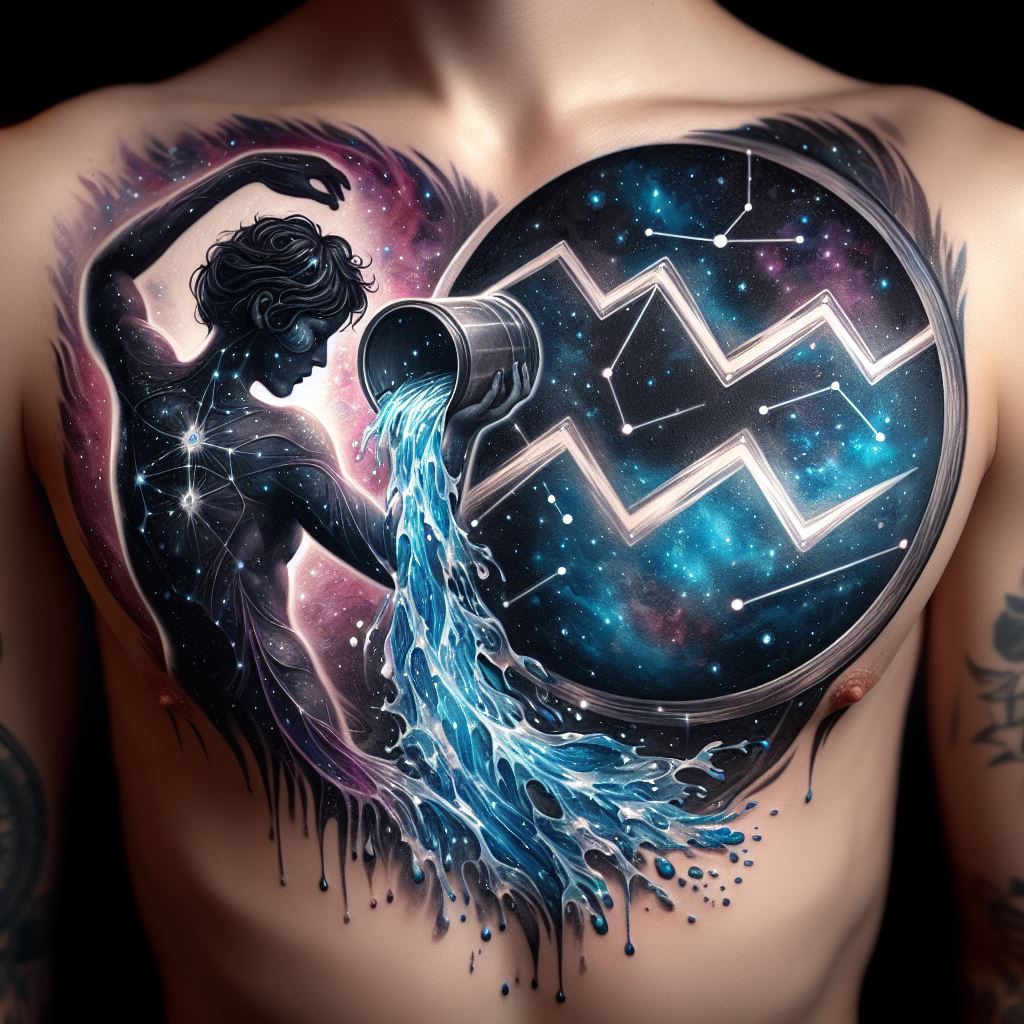 A chest tattoo that brings together the Aquarius water bearer and the constellation in a cosmic dance. The water bearer, depicted in a stylized, abstract form, pours water that transforms into the Aquarius constellation, blending seamlessly into a backdrop of celestial bodies. This imaginative design uses vibrant hues of blue and purple, along with silver accents for the stars, creating a visually stunning piece that celebrates the connection between the zodiac sign and the cosmos.