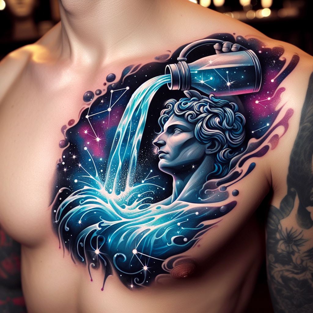 A chest tattoo that brings together the Aquarius water bearer and the constellation in a cosmic dance. The water bearer, depicted in a stylized, abstract form, pours water that transforms into the Aquarius constellation, blending seamlessly into a backdrop of celestial bodies. This imaginative design uses vibrant hues of blue and purple, along with silver accents for the stars, creating a visually stunning piece that celebrates the connection between the zodiac sign and the cosmos.