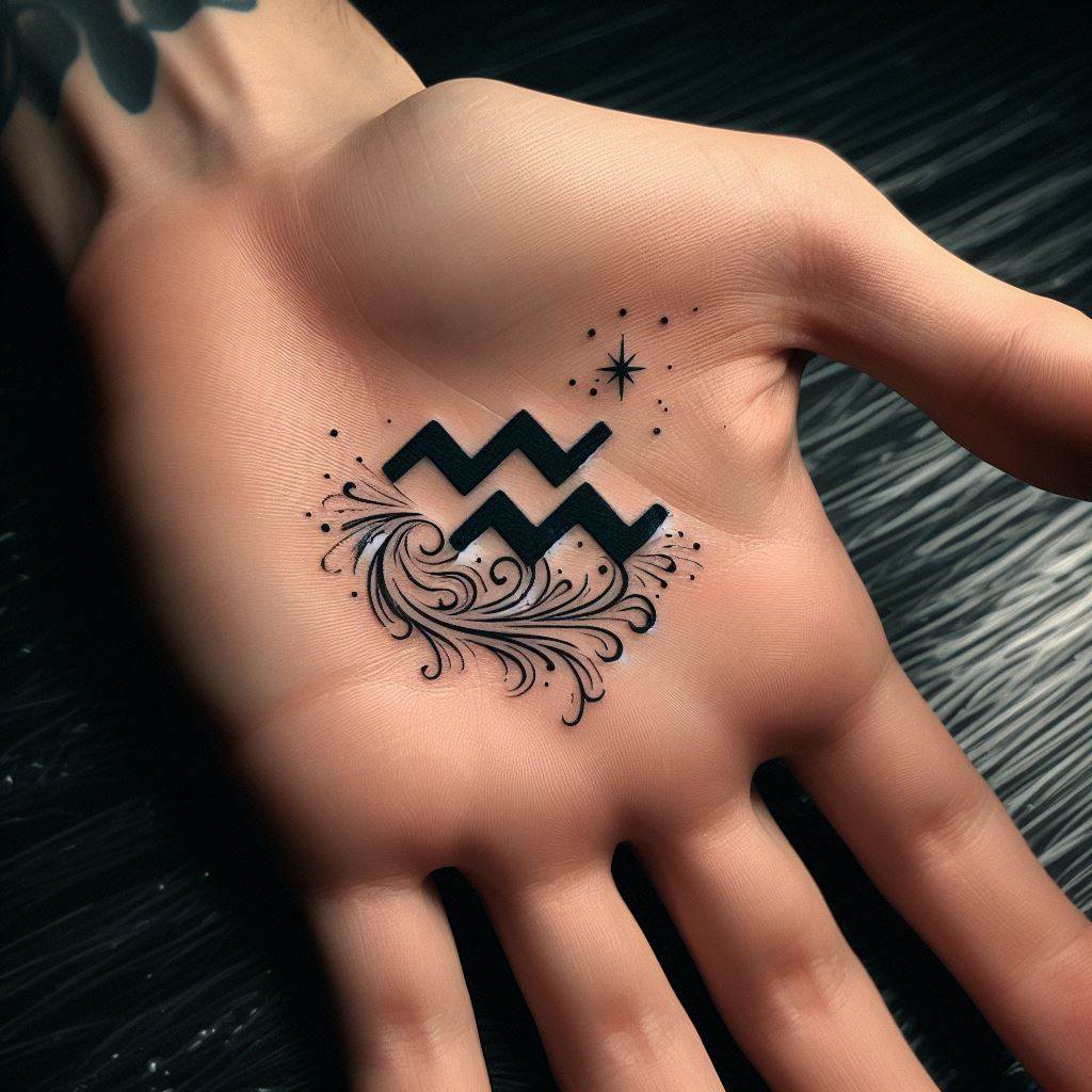 An Aquarius tattoo on the palm of the hand, featuring a tiny but remarkably detailed glyph of the sign, surrounded by small waves and air currents. This bold choice of location for a tattoo signifies a strong identification with the Aquarius sign, its values, and its elements. The design uses fine lines and minimal color, focusing on the symbolism of the glyph and its elemental attributes, making it a powerful and personal statement piece.
