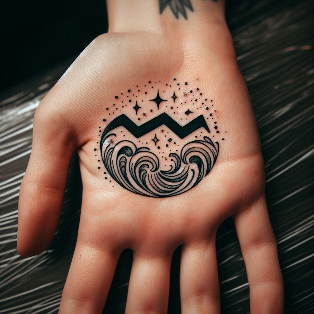 An Aquarius tattoo on the palm of the hand, featuring a tiny but remarkably detailed glyph of the sign, surrounded by small waves and air currents. This bold choice of location for a tattoo signifies a strong identification with the Aquarius sign, its values, and its elements. The design uses fine lines and minimal color, focusing on the symbolism of the glyph and its elemental attributes, making it a powerful and personal statement piece.
