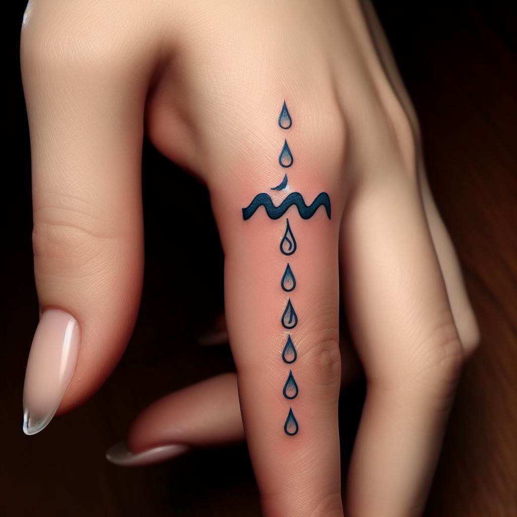 An Aquarius tattoo on the side of the finger, showcasing a series of miniature, geometric water droplets that flow seamlessly into the iconic Aquarius wave symbol. This design combines precision and minimalism, using just a hint of blue to accentuate the water theme. The tattoo's discreet location and size make it an elegant, subtle nod to the wearer's astrological sign, perfect for those who prefer understated body art.