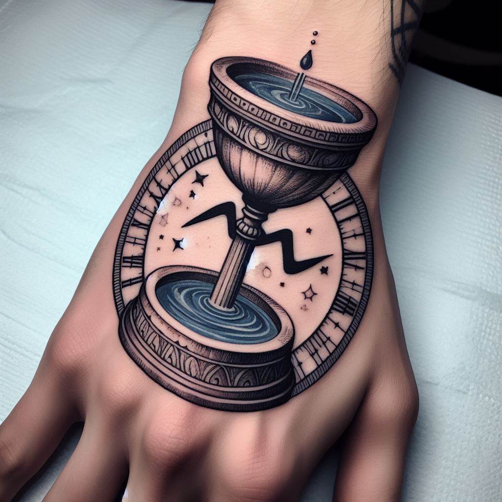 A detailed Aquarius tattoo on the back of the hand, depicting an ancient water clock or clepsydra, with the Aquarius symbol integrated into the design. This unique tattoo represents the flow of time and the sign's connection to water, using fine lines and historical imagery. The tattoo employs a muted color scheme, with the clock's water subtly highlighted in blue, creating a piece that is both educational and symbolic.