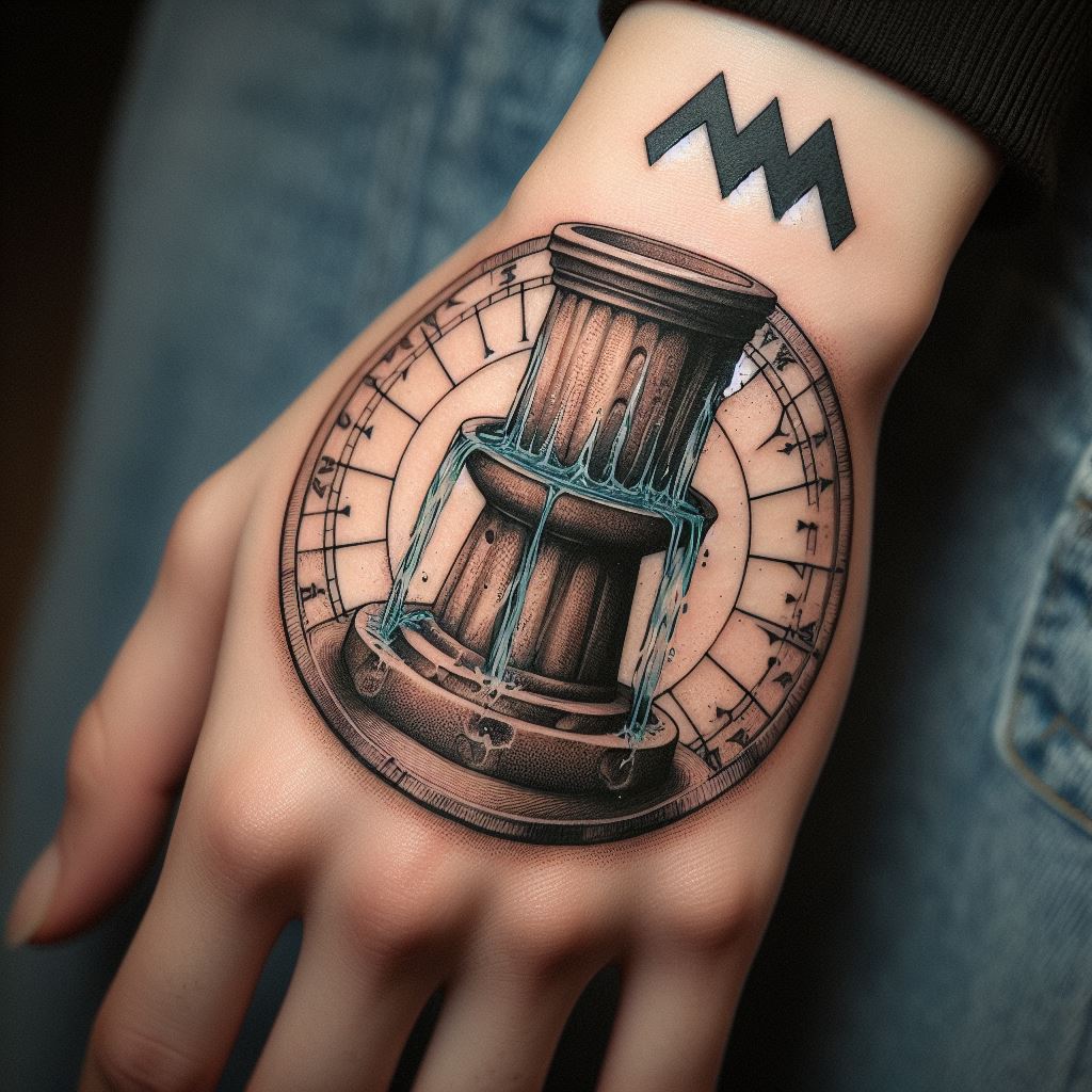 A detailed Aquarius tattoo on the back of the hand, depicting an ancient water clock or clepsydra, with the Aquarius symbol integrated into the design. This unique tattoo represents the flow of time and the sign's connection to water, using fine lines and historical imagery. The tattoo employs a muted color scheme, with the clock's water subtly highlighted in blue, creating a piece that is both educational and symbolic.
