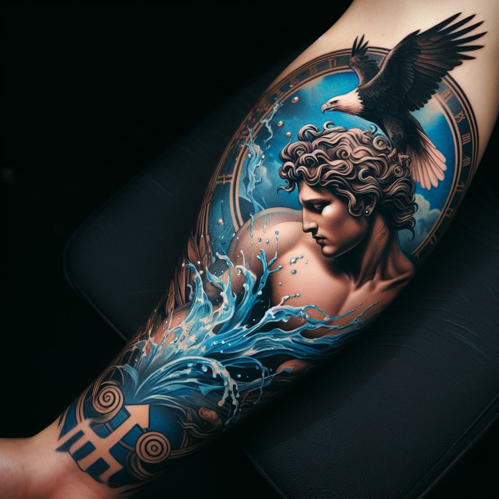 An Aquarius tattoo on the inner forearm, featuring a striking portrait of Ganymede, the mythological water bearer, with an eagle soaring above. This design blends mythology with the Aquarius symbol, incorporating classical artistry. The tattoo uses rich shades of blue and gold to highlight the regal nature of the scene, making it a majestic and meaningful representation of the zodiac sign.