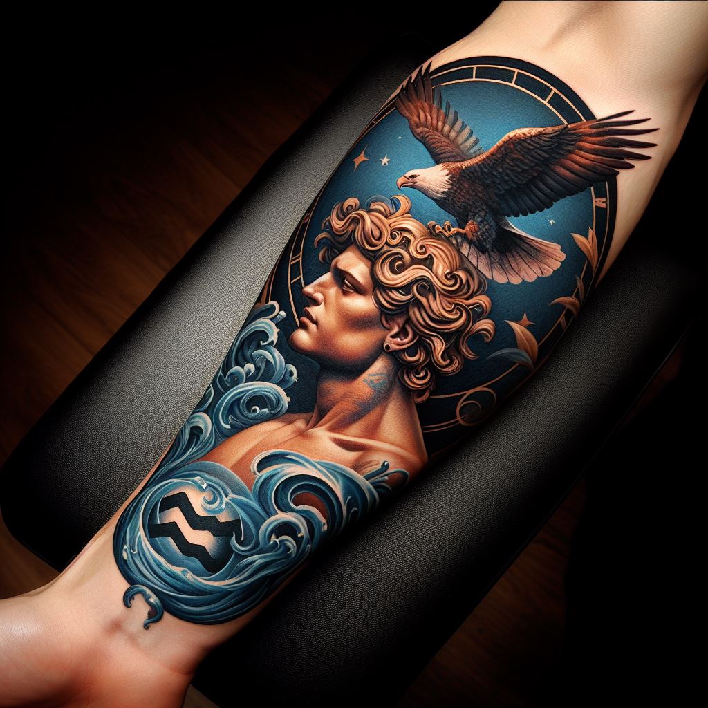 An Aquarius tattoo on the inner forearm, featuring a striking portrait of Ganymede, the mythological water bearer, with an eagle soaring above. This design blends mythology with the Aquarius symbol, incorporating classical artistry. The tattoo uses rich shades of blue and gold to highlight the regal nature of the scene, making it a majestic and meaningful representation of the zodiac sign.