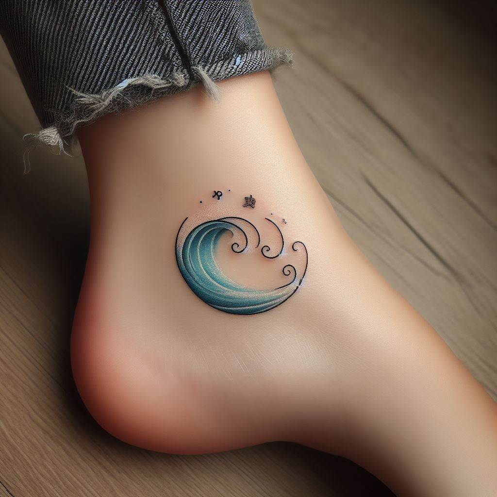 A delicate tattoo on the ankle, depicting a small wave encircling the ankle bone, with a subtle gradient of blue to transparent, mimicking the natural fade of sea into sand, including tiny seashell and starfish details around the wave.