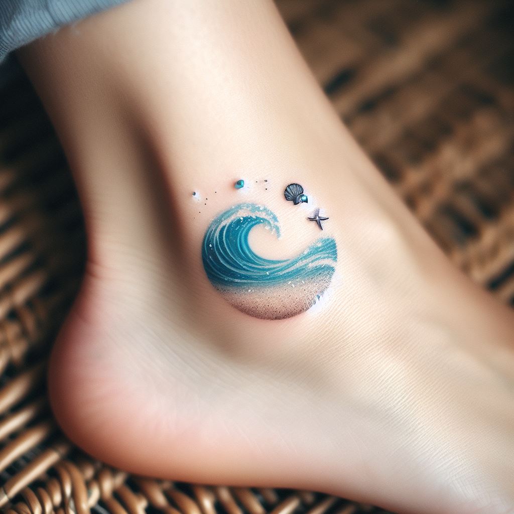 A delicate tattoo on the ankle, depicting a small wave encircling the ankle bone, with a subtle gradient of blue to transparent, mimicking the natural fade of sea into sand, including tiny seashell and starfish details around the wave.