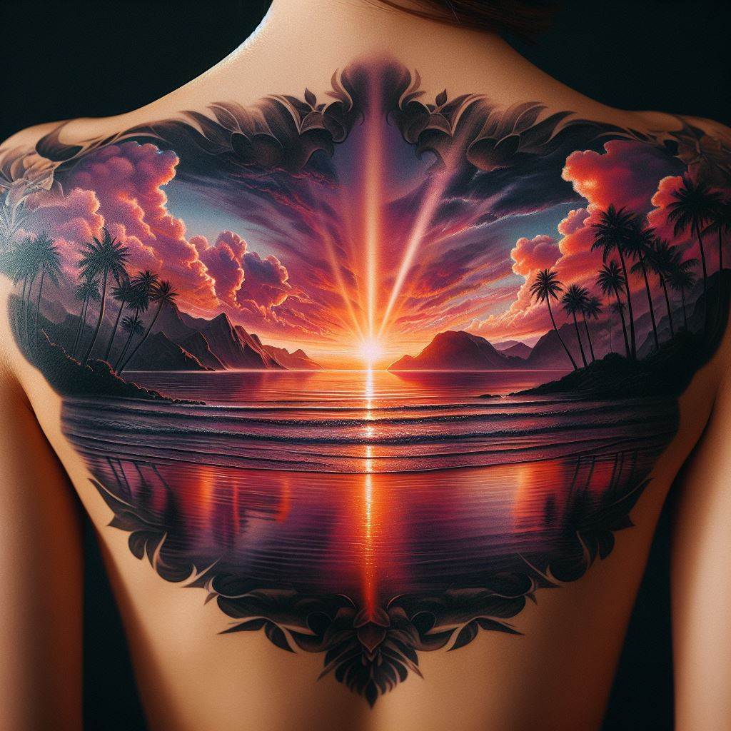 An intricate tattoo on the upper back, showcasing a majestic ocean view during sunset, with the sun’s reflection on the water creating a path of light leading to a distant horizon, incorporating shades of orange, pink, and purple, and silhouettes of palm trees along the lower part of the tattoo.