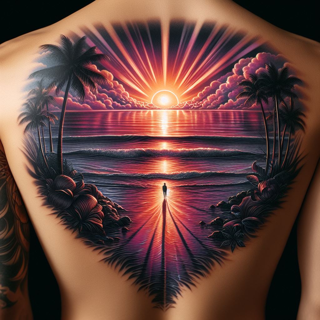 An intricate tattoo on the upper back, showcasing a majestic ocean view during sunset, with the sun’s reflection on the water creating a path of light leading to a distant horizon, incorporating shades of orange, pink, and purple, and silhouettes of palm trees along the lower part of the tattoo.