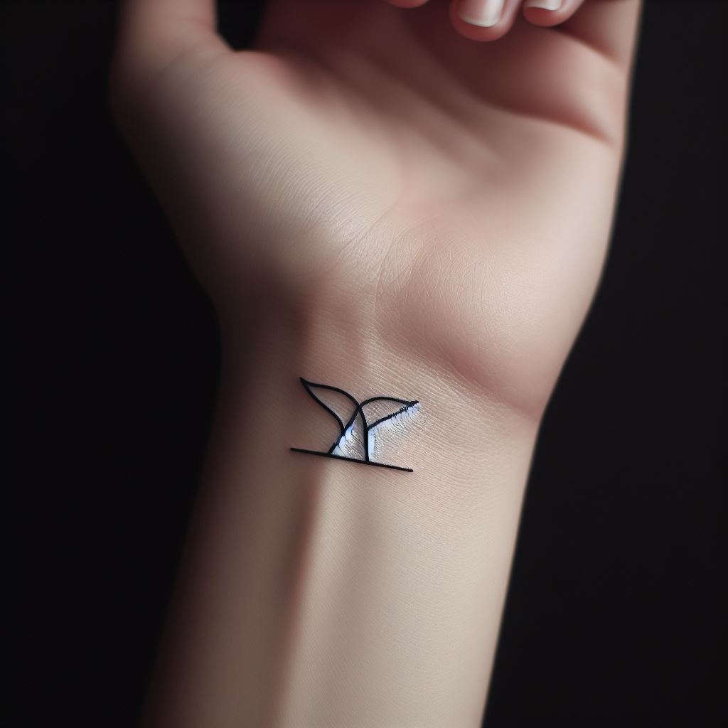 A minimalist tattoo on the inner wrist, featuring a single, thin-lined geometric whale tail that appears to be dipping below the skin’s surface, using only black ink for a stark contrast against the skin, symbolizing depth and mystery of the ocean.
