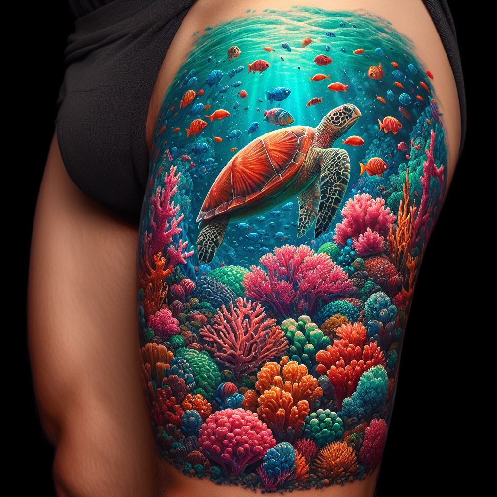 An elaborate tattoo on the thigh, illustrating a vibrant coral reef scene filled with colorful fish, coral formations, and a hidden sea turtle, using a rich palette of colors to bring the underwater spectacle to life, wrapping slightly around the thigh to give a three-dimensional effect.