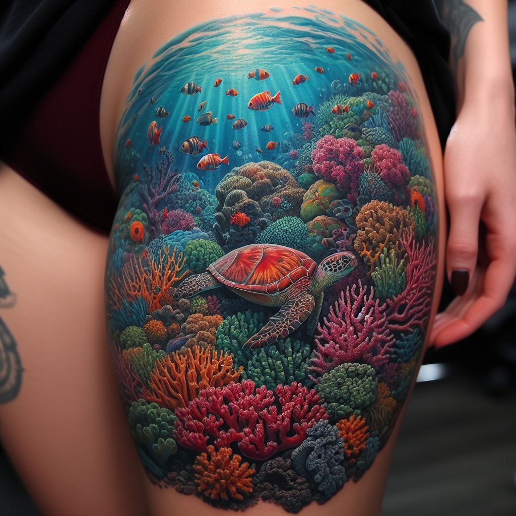 An elaborate tattoo on the thigh, illustrating a vibrant coral reef scene filled with colorful fish, coral formations, and a hidden sea turtle, using a rich palette of colors to bring the underwater spectacle to life, wrapping slightly around the thigh to give a three-dimensional effect.