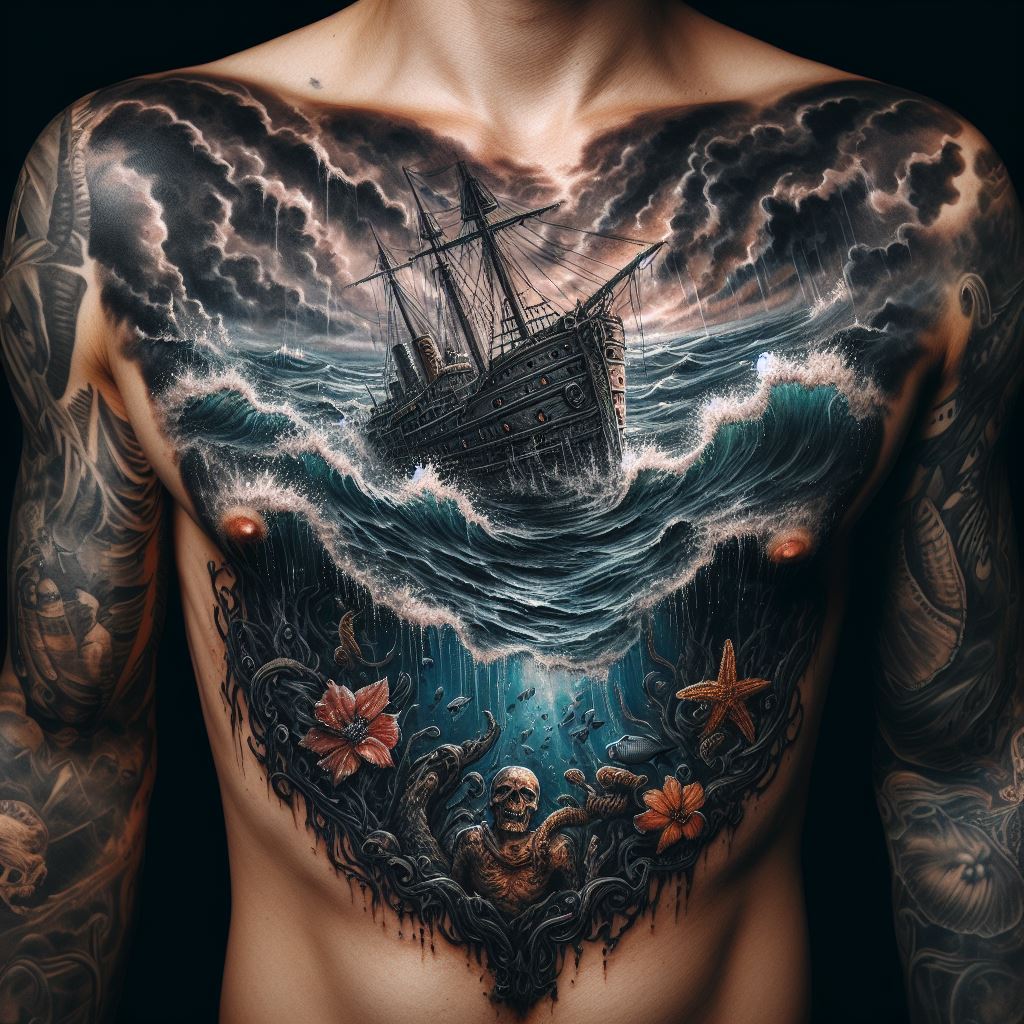 A bold tattoo on the chest, depicting an old, detailed shipwreck scene beneath stormy waves, with hidden treasures and marine life surrounding the wreckage, using dark and moody colors to evoke a sense of adventure and the unknown depths of the sea.
