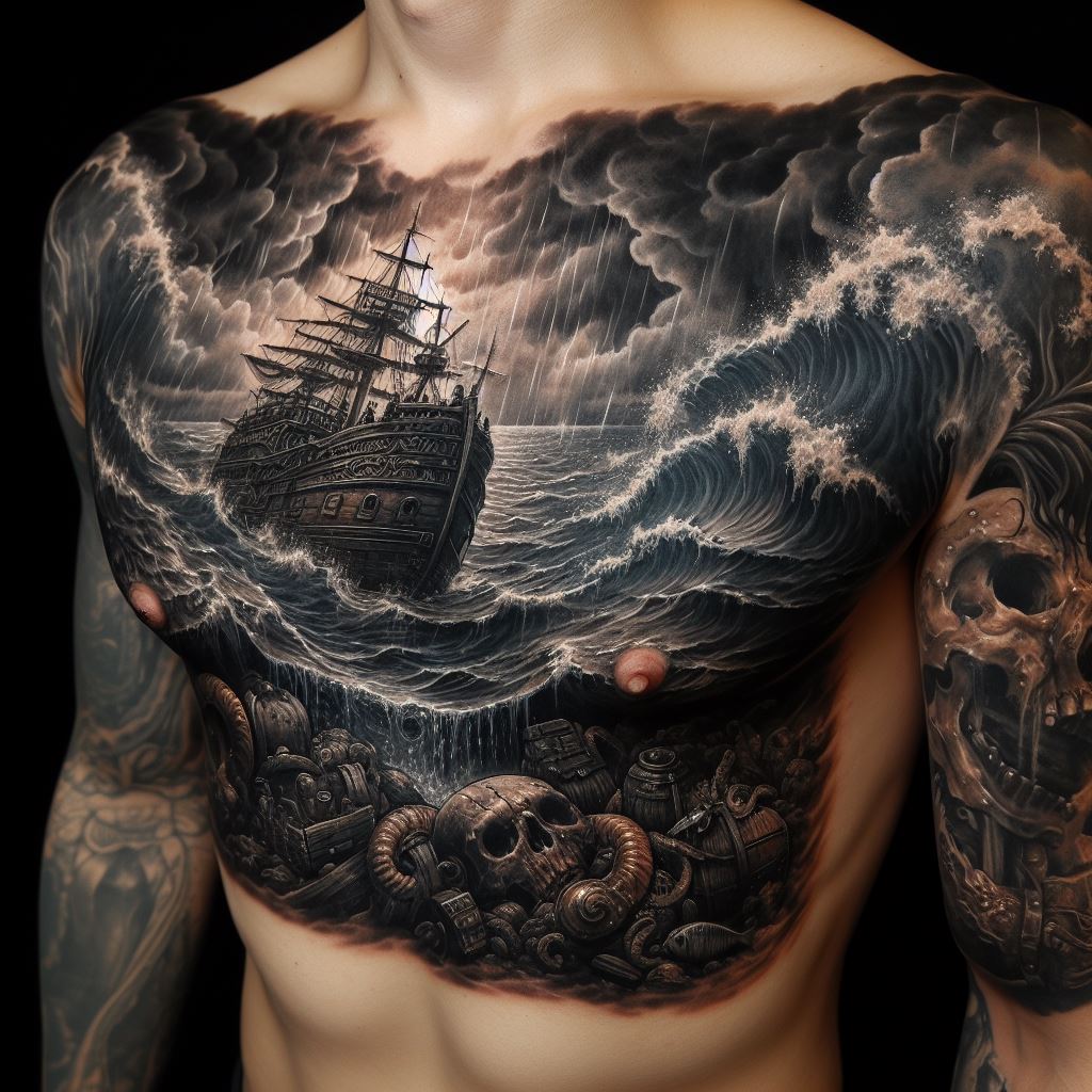 A bold tattoo on the chest, depicting an old, detailed shipwreck scene beneath stormy waves, with hidden treasures and marine life surrounding the wreckage, using dark and moody colors to evoke a sense of adventure and the unknown depths of the sea.