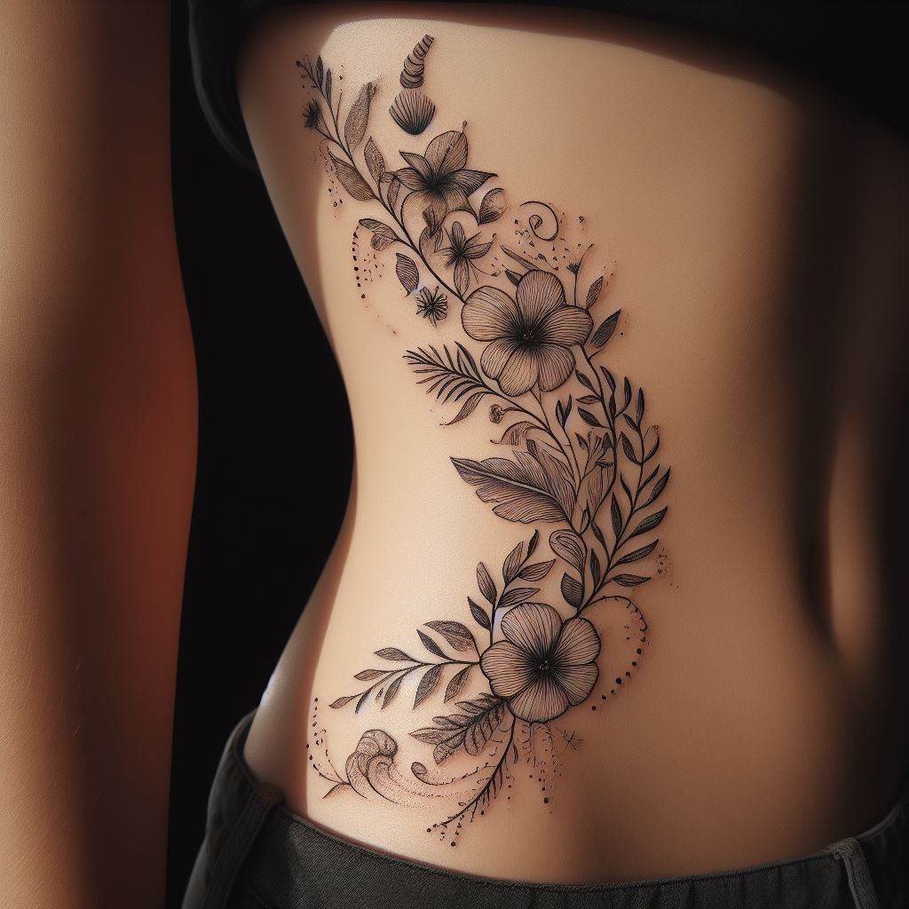 An elegant tattoo on the side of the torso, stretching from under the arm down to the hip, featuring a chain of different species of flowers and leaves native to tropical islands, intertwined with small, subtle waves and seashells, executed in a delicate, fine-line style to mimic the gentle sway of flora in a seaside breeze.