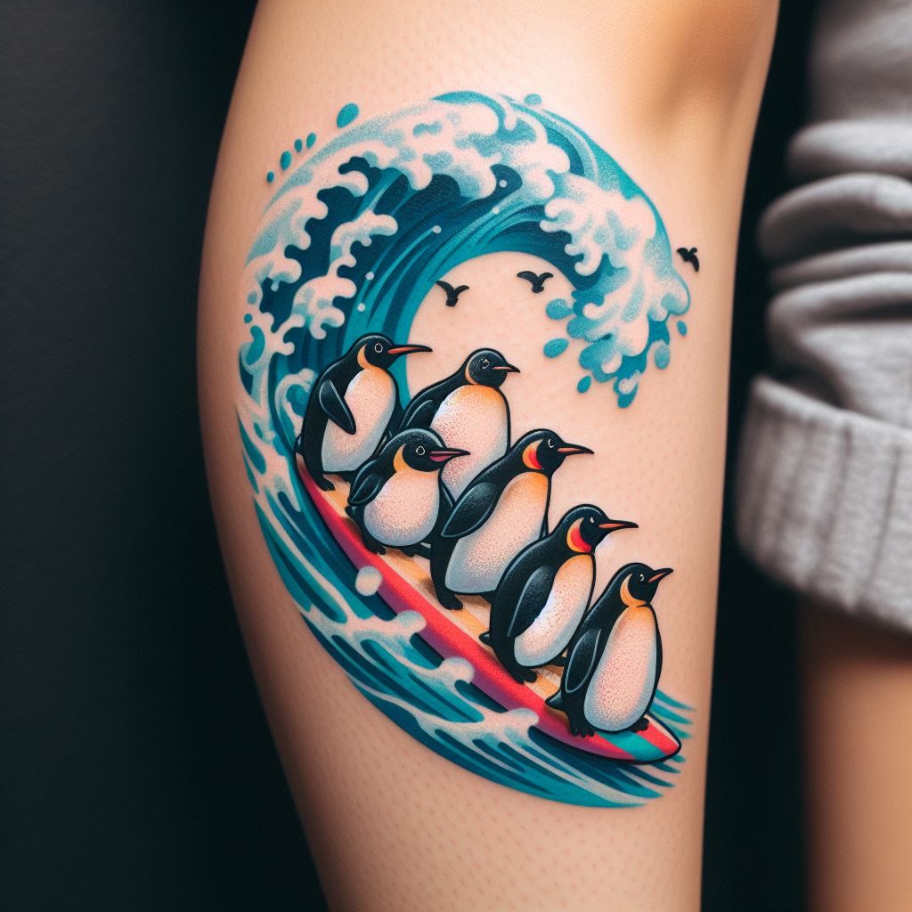 A playful tattoo on the calf, showing a scene of penguins surfing on waves, with each penguin having a unique surfboard and posture, adding a whimsical and joyful element to the design, utilizing vibrant colors to make each character stand out against the wave’s dynamic blues and whites.