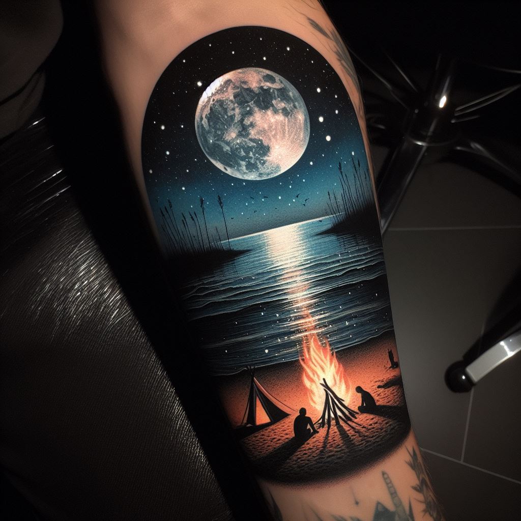 An atmospheric tattoo on the forearm, illustrating a serene beach scene at night, with the moon full and bright above, casting its reflection on the water and the beach, incorporating elements like a bonfire, silhouetted figures, and a small tent, to invoke memories of peaceful, starry nights by the shore.