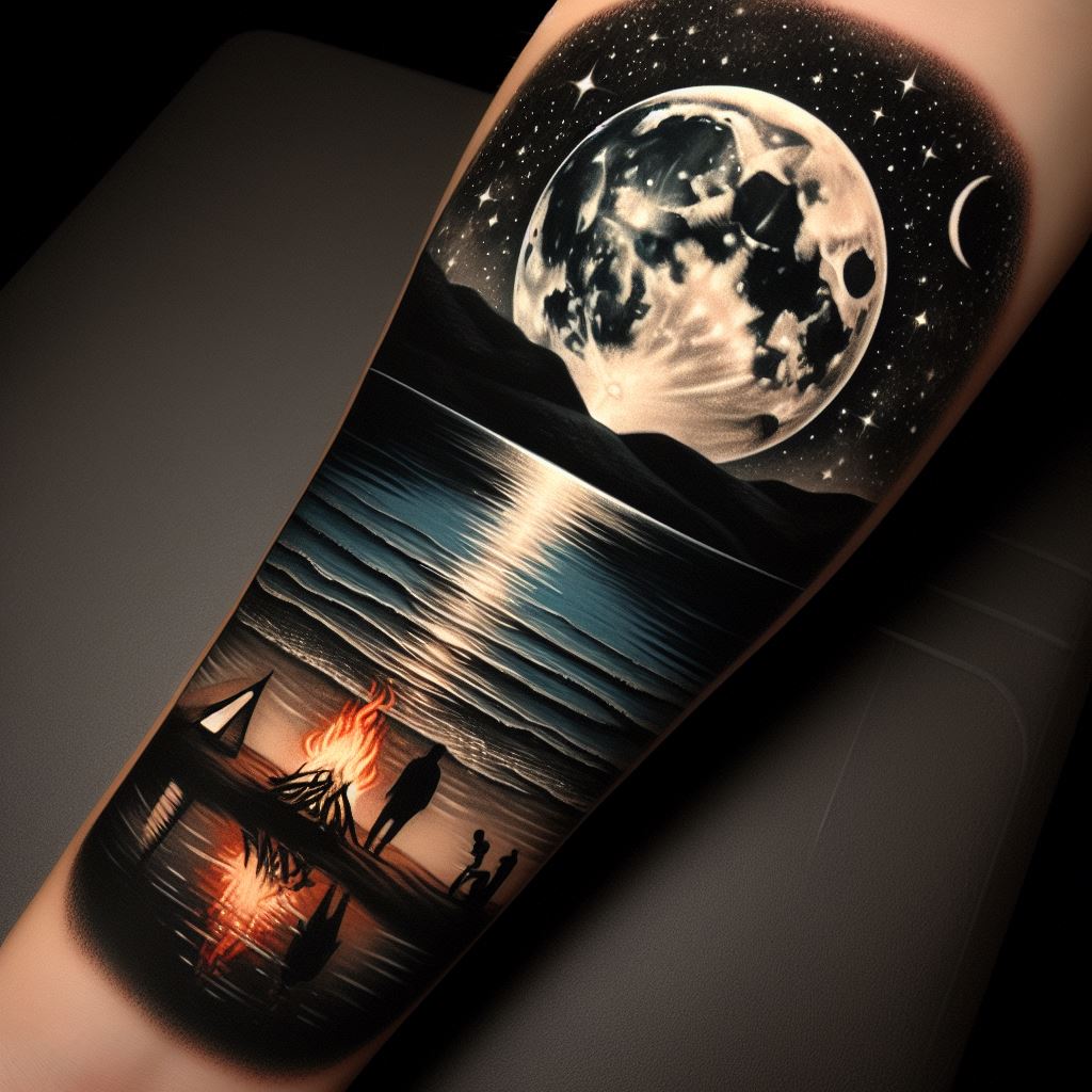 An atmospheric tattoo on the forearm, illustrating a serene beach scene at night, with the moon full and bright above, casting its reflection on the water and the beach, incorporating elements like a bonfire, silhouetted figures, and a small tent, to invoke memories of peaceful, starry nights by the shore.