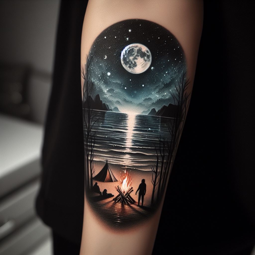 An atmospheric tattoo on the forearm, illustrating a serene beach scene at night, with the moon full and bright above, casting its reflection on the water and the beach, incorporating elements like a bonfire, silhouetted figures, and a small tent, to invoke memories of peaceful, starry nights by the shore.