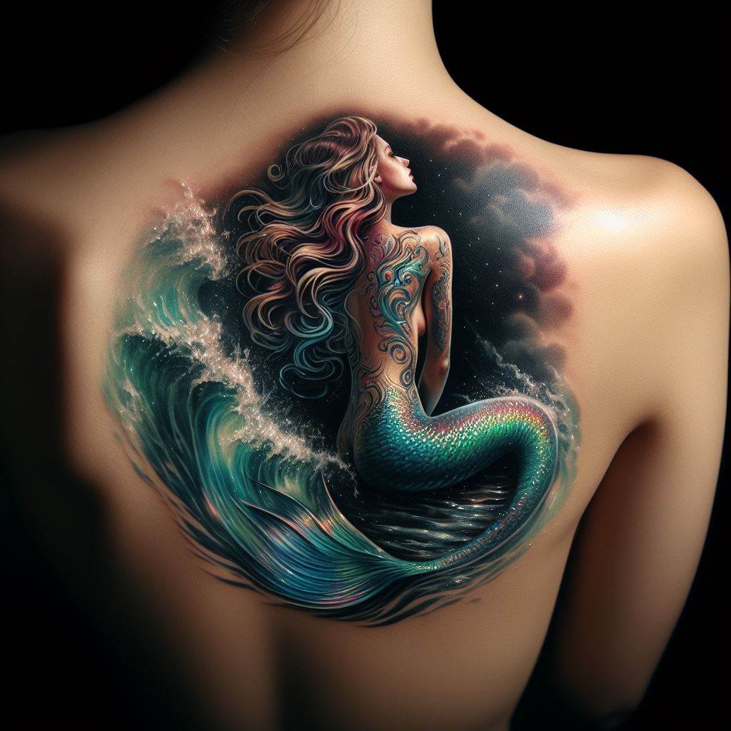 A captivating tattoo on the back of the shoulder, depicting a mermaid sitting on a rock, gazing towards the sky, her tail shimmering in hues of green and blue, with her hair flowing and mingling with the waves, creating a magical and mystical allure to the artwork.