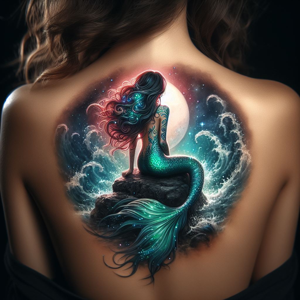 A captivating tattoo on the back of the shoulder, depicting a mermaid sitting on a rock, gazing towards the sky, her tail shimmering in hues of green and blue, with her hair flowing and mingling with the waves, creating a magical and mystical allure to the artwork.