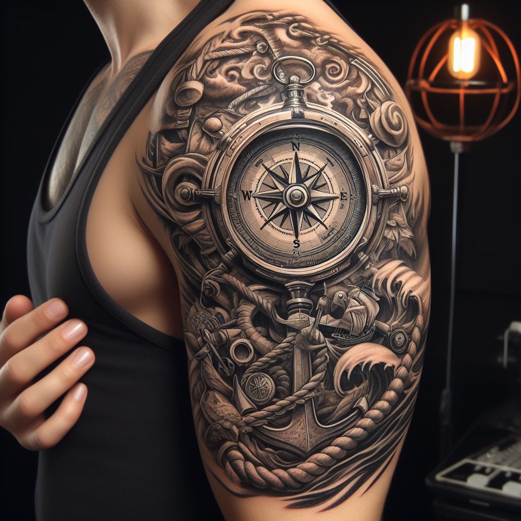 A detailed tattoo around the bicep, featuring a nautical compass surrounded by classic maritime symbols such as ropes, anchors, and a steering wheel, with a backdrop of a stormy sea and a distant lighthouse guiding the way, symbolizing guidance, direction, and the journey through life’s tumultuous seas.