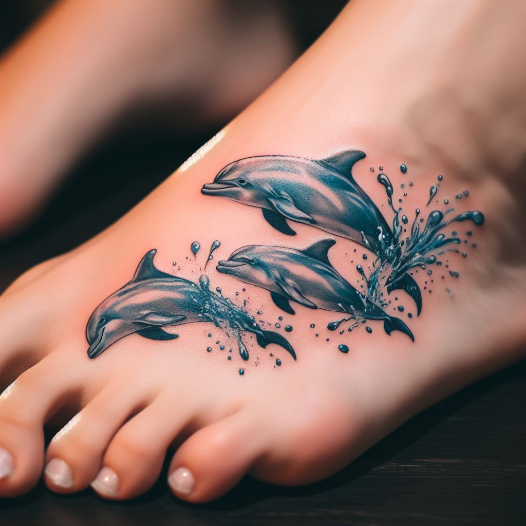 A whimsical tattoo on the side of the foot, illustrating a series of small, playful dolphins jumping over the wearer's toes, each dolphin depicted in mid-leap with splashes of water around them, using shades of blue and silver to capture the lively essence of these sea creatures.