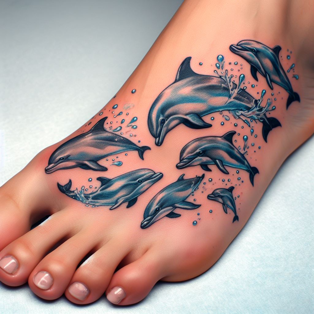 A whimsical tattoo on the side of the foot, illustrating a series of small, playful dolphins jumping over the wearer's toes, each dolphin depicted in mid-leap with splashes of water around them, using shades of blue and silver to capture the lively essence of these sea creatures.