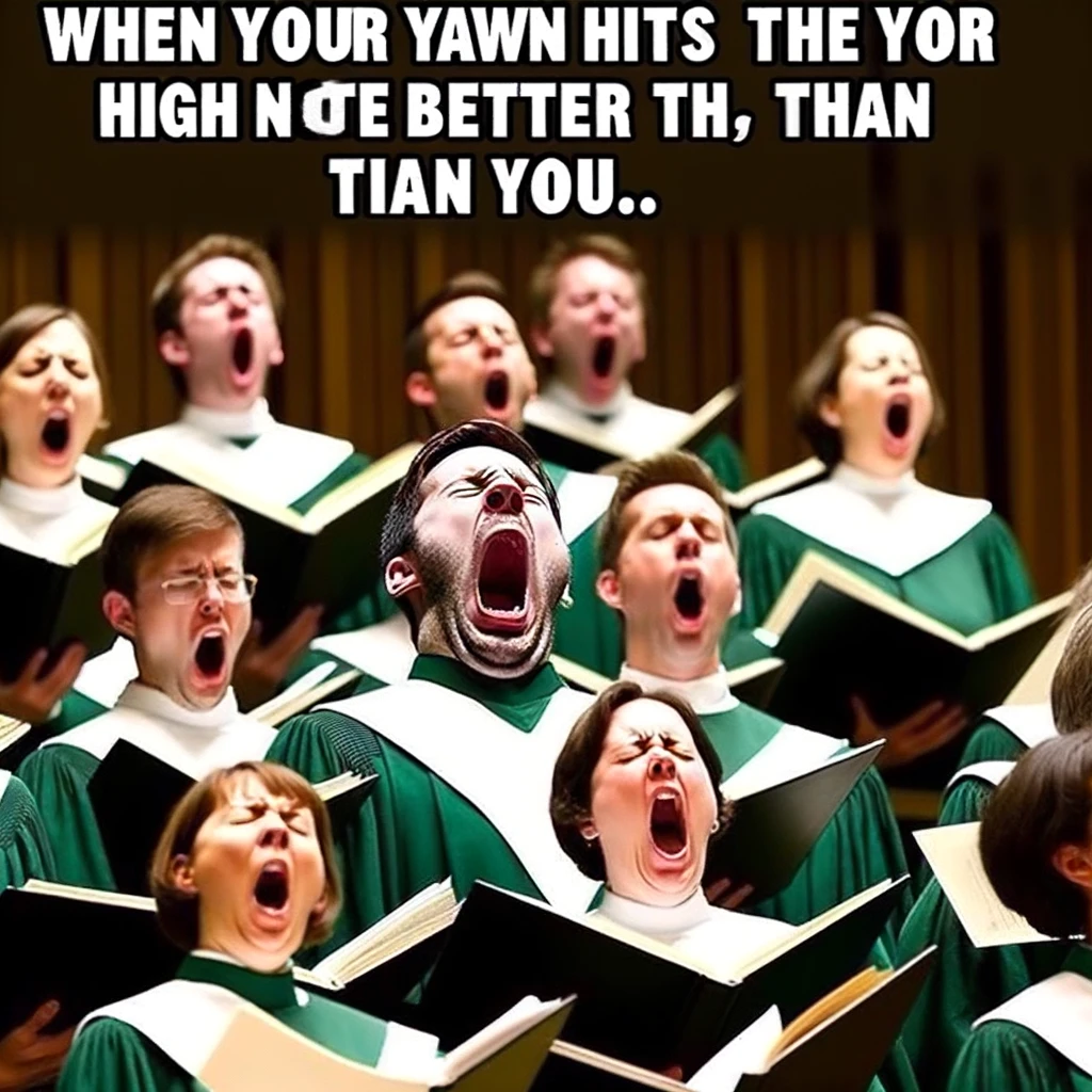 A humorous image of a choir member yawning so widely during a song that it looks like they are hitting an impressive high note. The caption reads, "When your yawn hits the high notes better than you do."