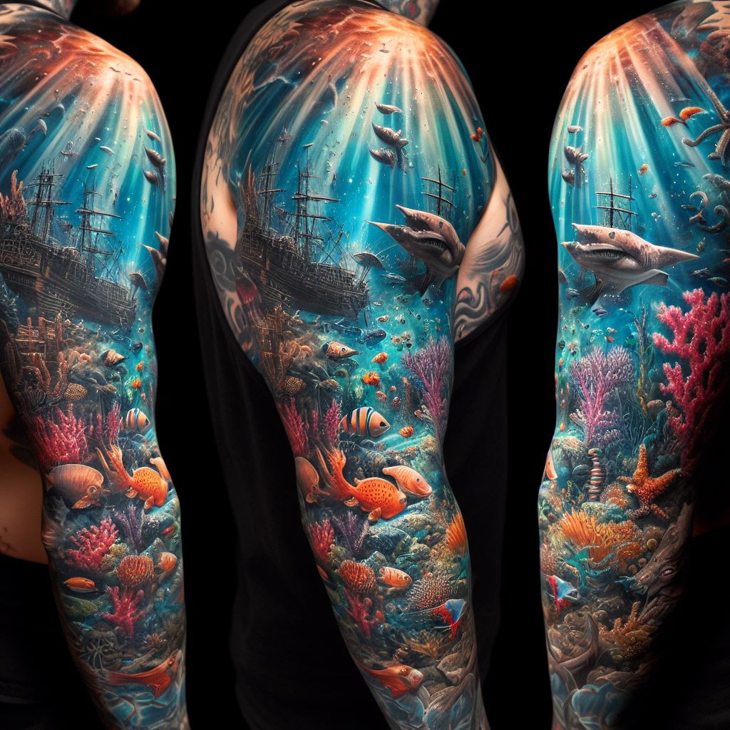 An impressive tattoo on the full sleeve, portraying a detailed underwater scene complete with a sunken pirate ship, coral gardens, and a variety of marine life including sharks, rays, and schools of fish, utilizing a wide range of colors to vividly bring the scene to life, with rays of sunlight filtering through the water from above.