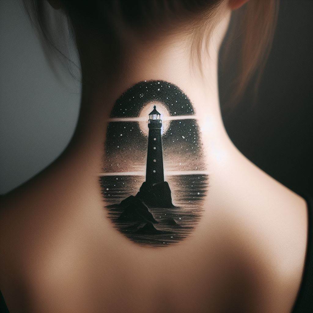 A serene tattoo on the back of the neck, depicting a simple, yet elegant, lighthouse standing tall on a cliff, its light beaming across the dark waters, surrounded by a night sky filled with stars, using a limited color palette to create a contrast between the beacon of light and the surrounding darkness.