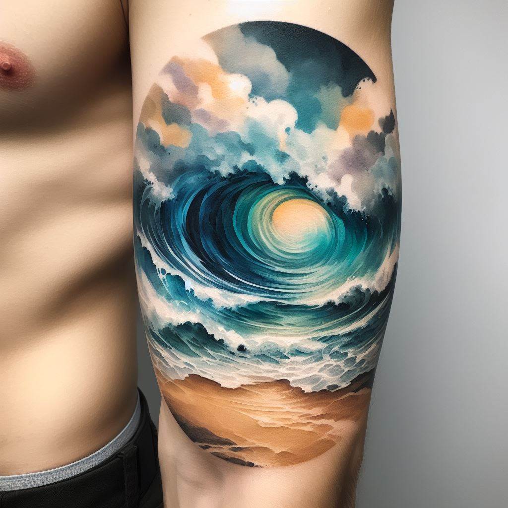 An artistic tattoo on the lower arm, featuring an abstract representation of the beach, with waves, sand, and sky blending together in a fluid, watercolor style, using soft blues, greens, and yellows to evoke a dreamy, calming atmosphere.