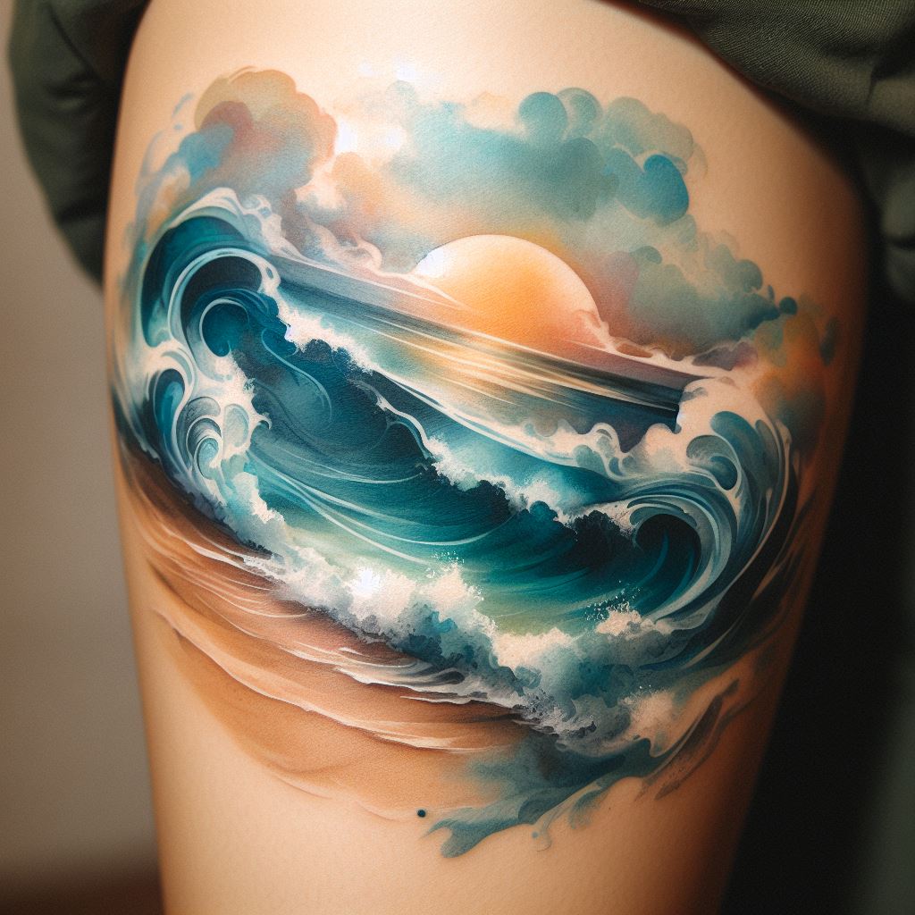 An artistic tattoo on the lower arm, featuring an abstract representation of the beach, with waves, sand, and sky blending together in a fluid, watercolor style, using soft blues, greens, and yellows to evoke a dreamy, calming atmosphere.