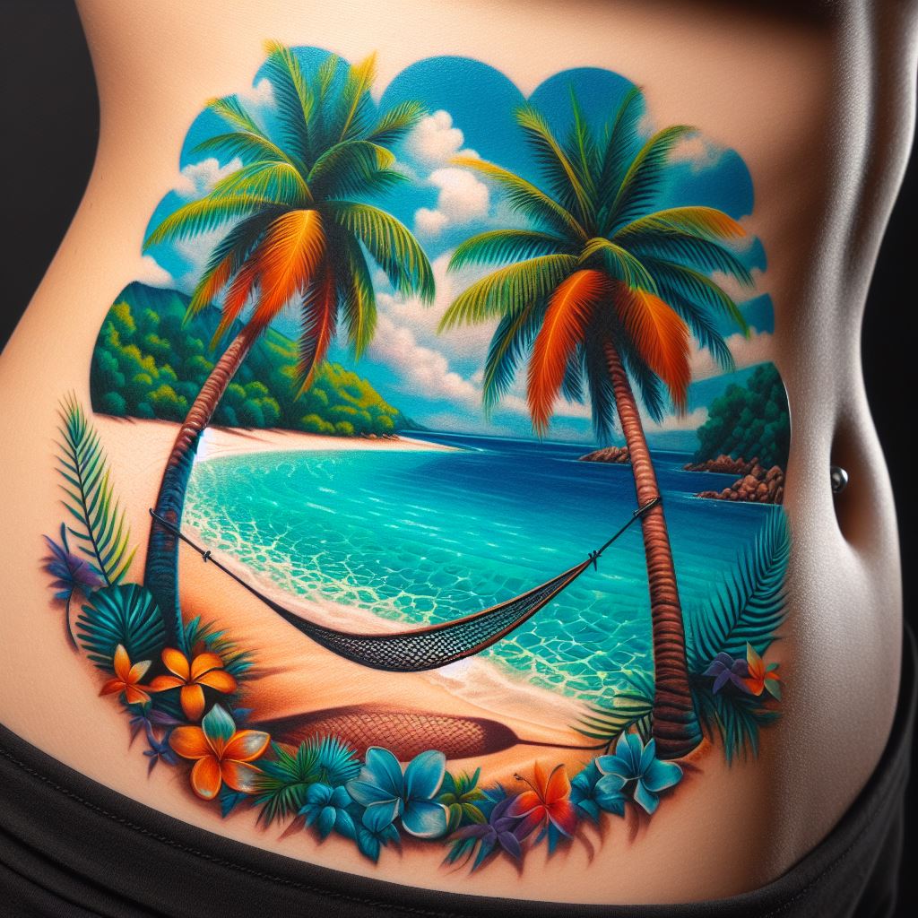 A vibrant tattoo on the rib cage, showcasing a tropical paradise scene with a clear, turquoise sea, white sandy beach, and lush palm trees, including a hidden hammock tied between two palms, using bright, saturated colors to transport the wearer and onlookers to a sun-soaked getaway.