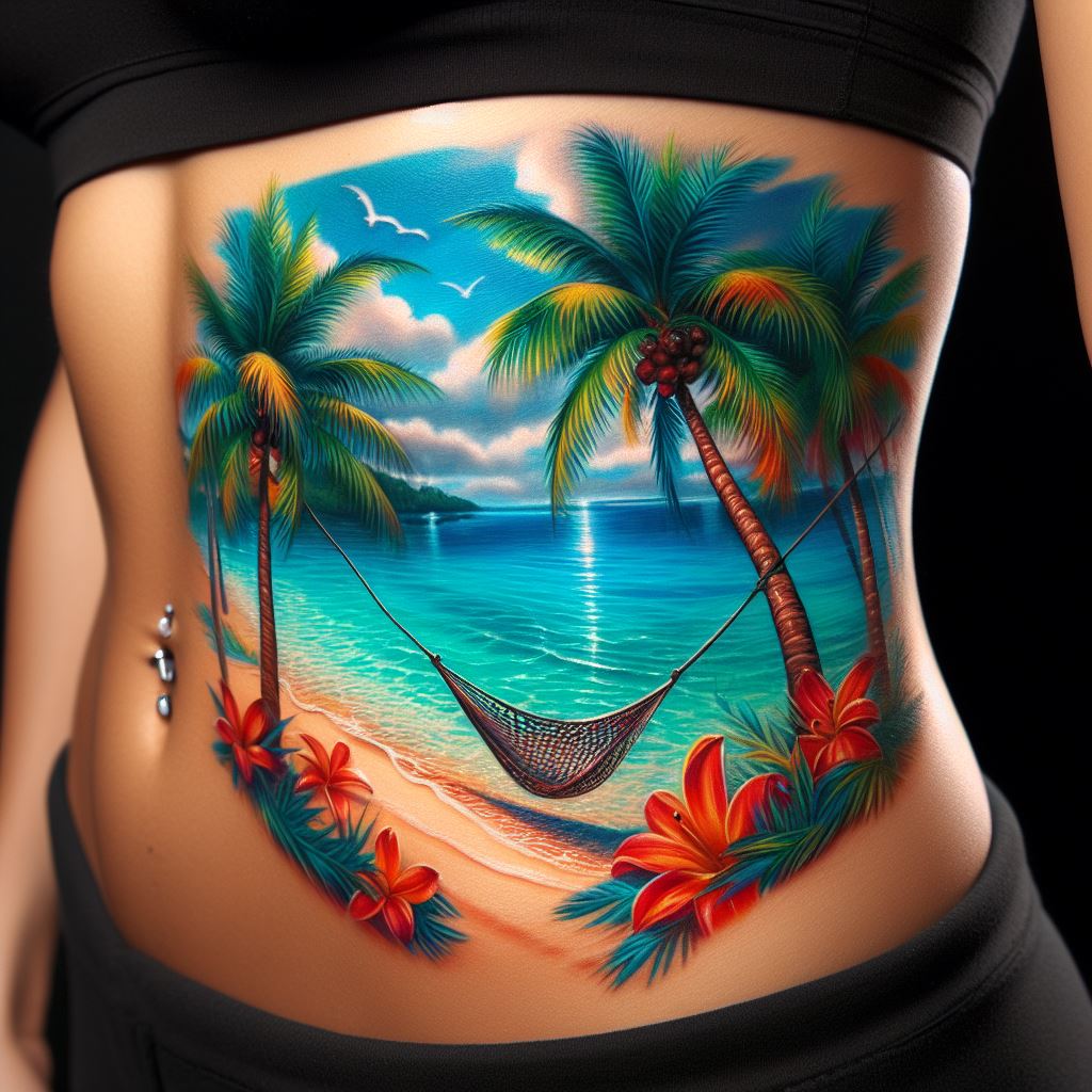 A vibrant tattoo on the rib cage, showcasing a tropical paradise scene with a clear, turquoise sea, white sandy beach, and lush palm trees, including a hidden hammock tied between two palms, using bright, saturated colors to transport the wearer and onlookers to a sun-soaked getaway.