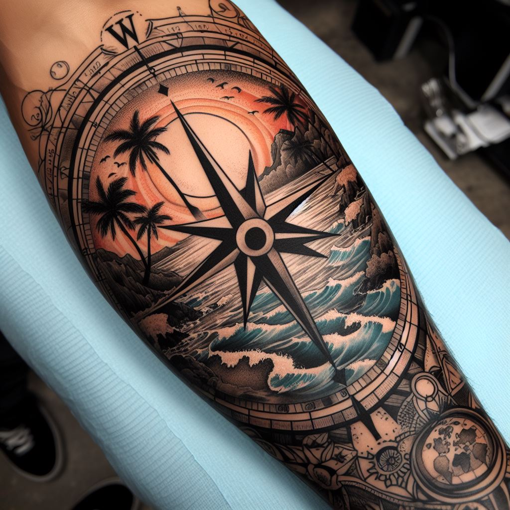 A bold tattoo on the inner forearm, depicting a compass rose with a world map background, where the continents are filled with iconic beach scenes from around the world, including palm trees, waves, and sunsets, using fine lines and detailed shading to create a sense of global adventure and exploration.