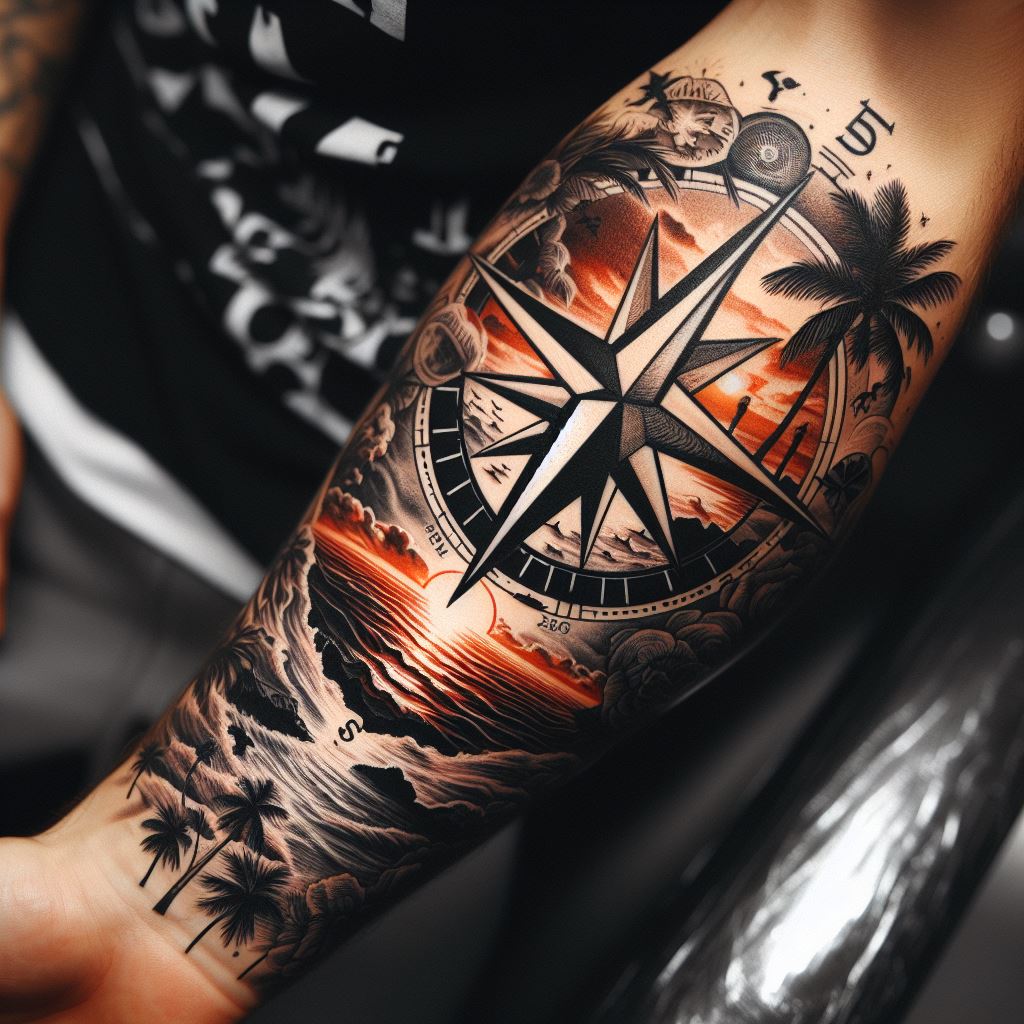 A bold tattoo on the inner forearm, depicting a compass rose with a world map background, where the continents are filled with iconic beach scenes from around the world, including palm trees, waves, and sunsets, using fine lines and detailed shading to create a sense of global adventure and exploration.