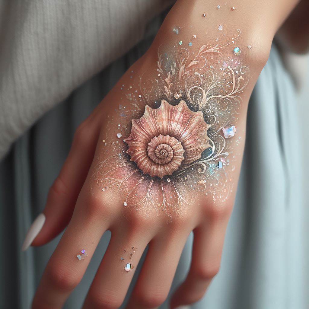 An elegant tattoo on the back of the hand, featuring a small, detailed seashell with intricate patterns, surrounded by tiny, sparkling bubbles, using soft shades of pink, beige, and iridescent touches to mimic the natural beauty and delicate details of sea life.