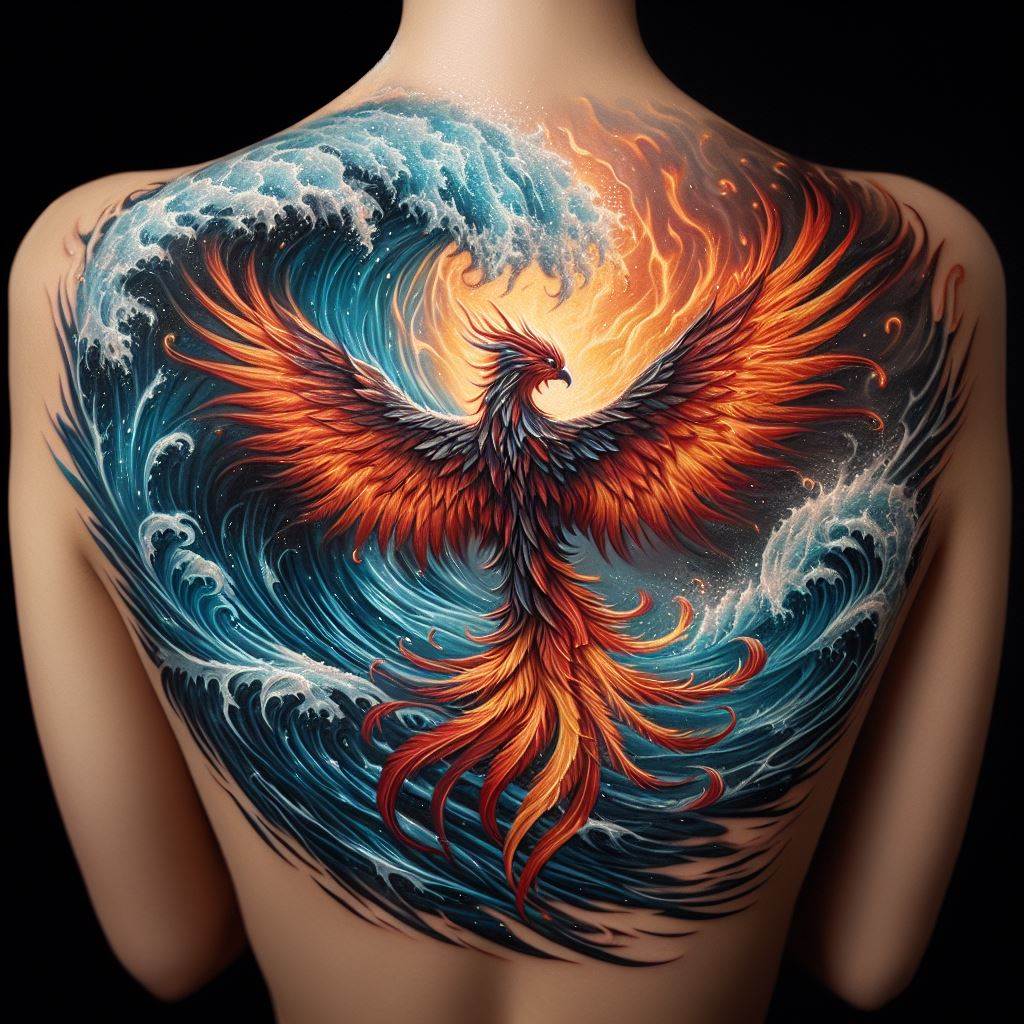 A captivating tattoo on the upper shoulder, illustrating a phoenix rising from ocean waves instead of flames, its wings spread wide and detailed with feathers that transition from deep blues to fiery oranges and reds, symbolizing rebirth and the unstoppable force of nature.