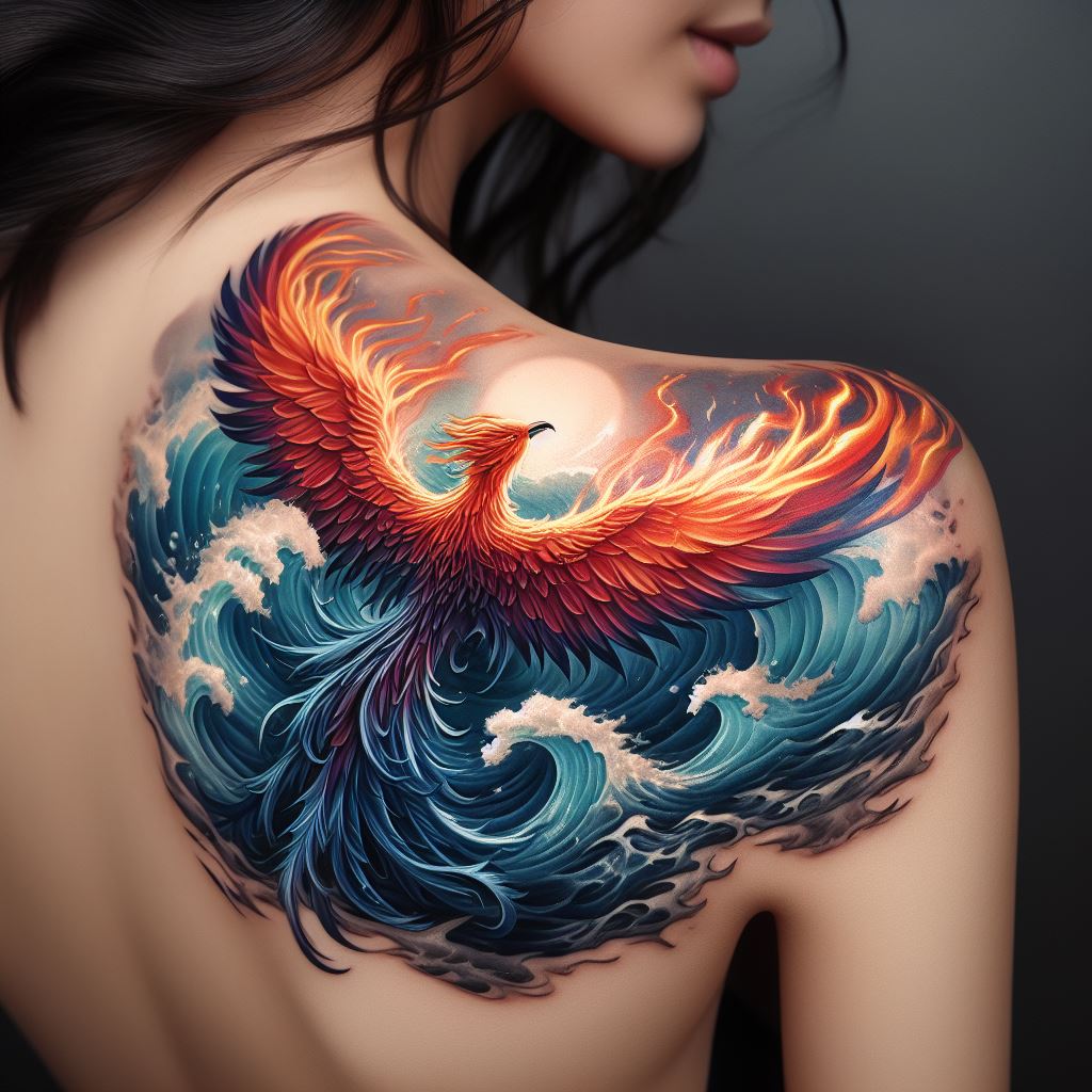 A captivating tattoo on the upper shoulder, illustrating a phoenix rising from ocean waves instead of flames, its wings spread wide and detailed with feathers that transition from deep blues to fiery oranges and reds, symbolizing rebirth and the unstoppable force of nature.
