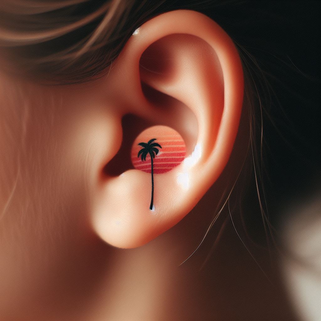 A minimalist tattoo on the back of the ear, featuring a tiny, single palm tree silhouette against a simple, pastel-colored sunset background, using just a few elegant lines and soft gradients to create a peaceful, easy-to-hide piece that evokes warmth and tranquility.