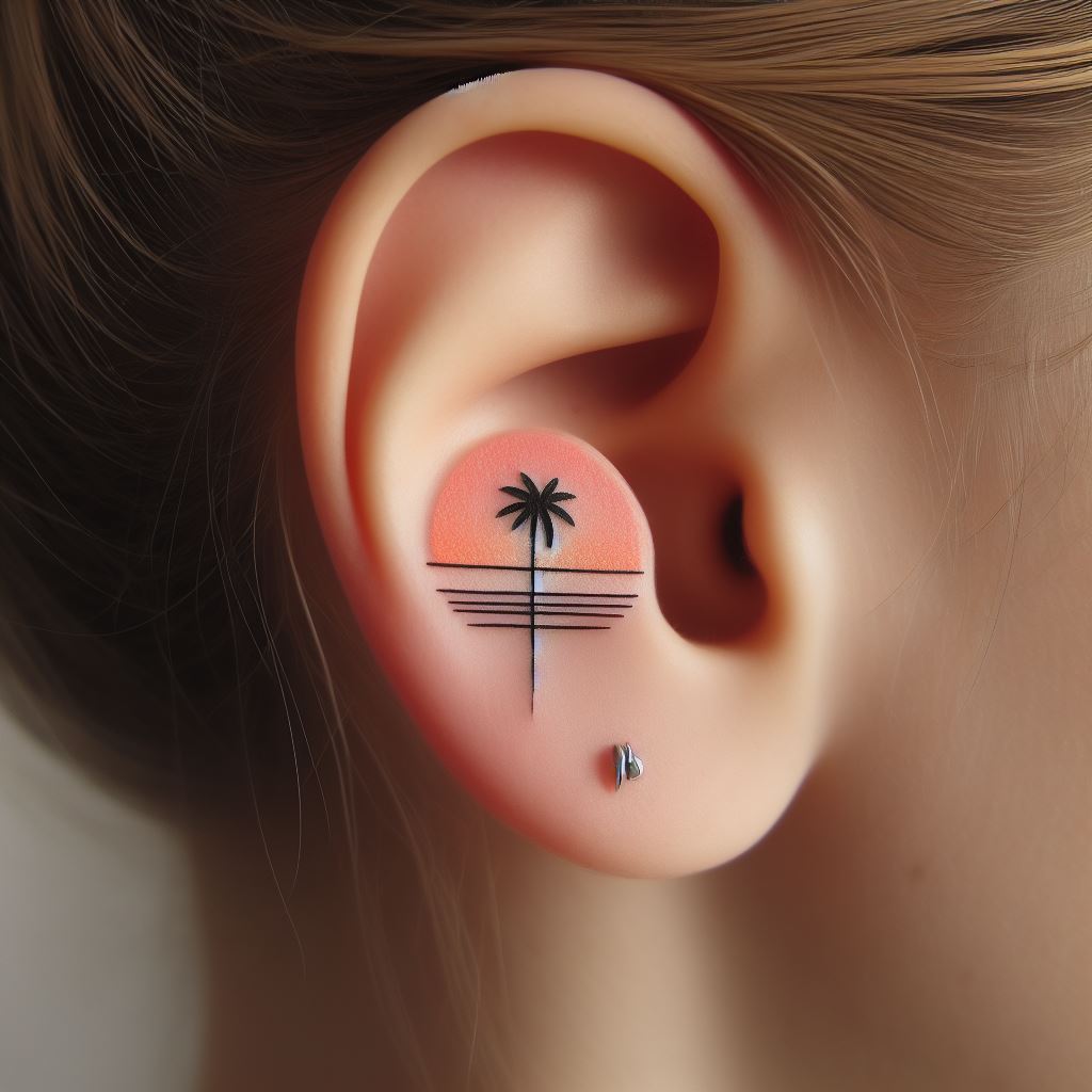 A minimalist tattoo on the back of the ear, featuring a tiny, single palm tree silhouette against a simple, pastel-colored sunset background, using just a few elegant lines and soft gradients to create a peaceful, easy-to-hide piece that evokes warmth and tranquility.