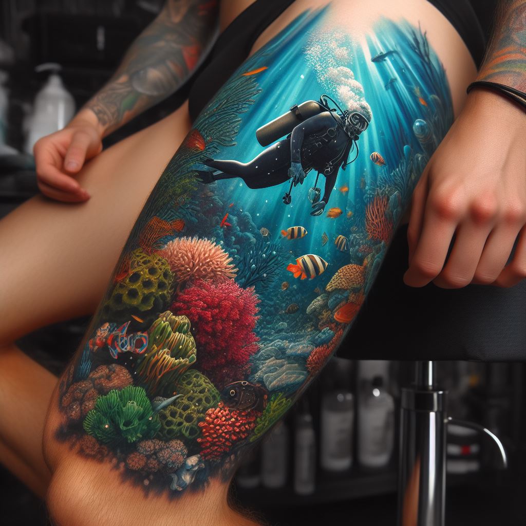 An adventurous tattoo on the lower leg, portraying a scuba diver exploring a vivid coral reef, surrounded by exotic fish and underwater flora, using dynamic angles and a range of blues and greens to give the impression of the wearer diving into a deep, enchanting undersea world.