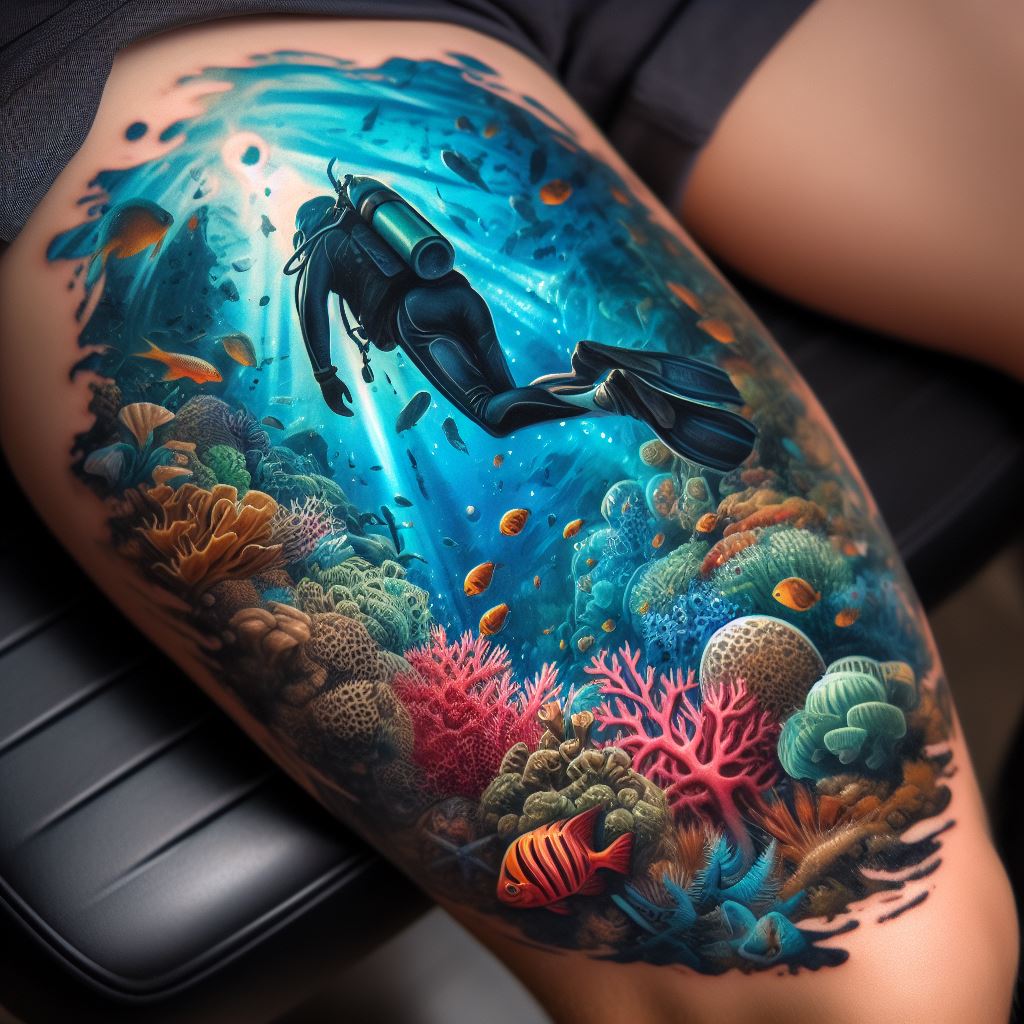 An adventurous tattoo on the lower leg, portraying a scuba diver exploring a vivid coral reef, surrounded by exotic fish and underwater flora, using dynamic angles and a range of blues and greens to give the impression of the wearer diving into a deep, enchanting undersea world.