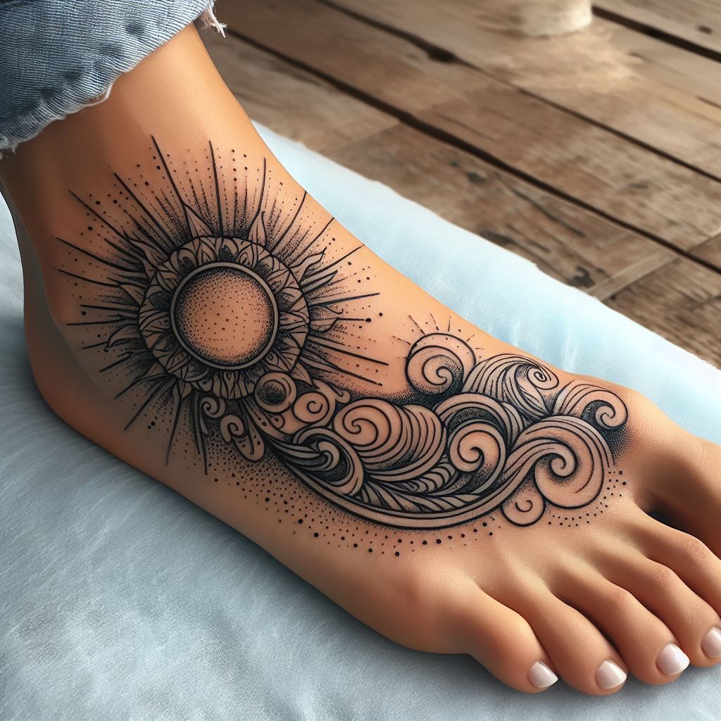 A harmonious tattoo on the upper side of the foot, featuring a delicate mandala inspired by the sun and sea, with rays and waves intricately intertwined, using fine lines and dotwork to create a piece that symbolizes balance, calmness, and the interconnectedness of nature.