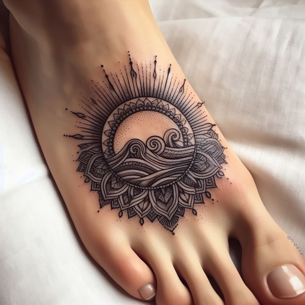 A harmonious tattoo on the upper side of the foot, featuring a delicate mandala inspired by the sun and sea, with rays and waves intricately intertwined, using fine lines and dotwork to create a piece that symbolizes balance, calmness, and the interconnectedness of nature.