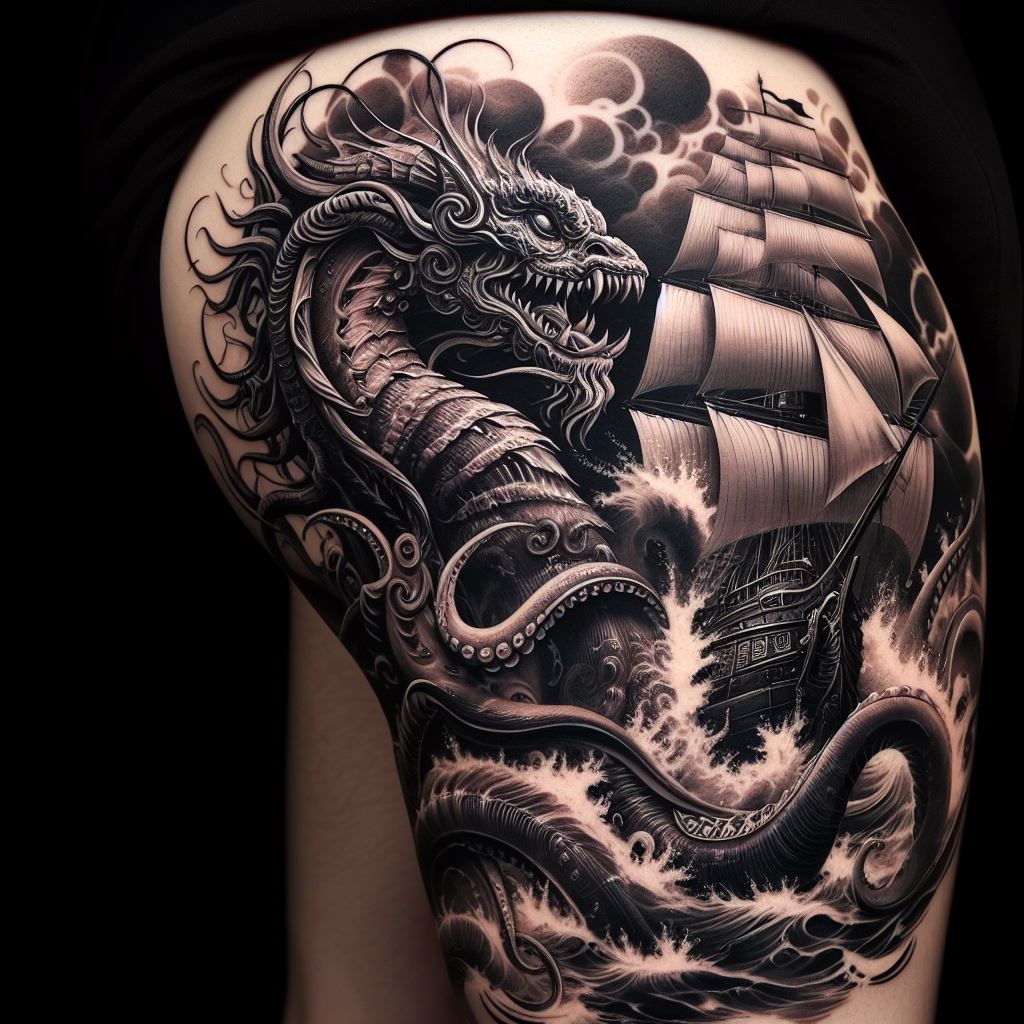 A dynamic tattoo on the back of the calf, depicting a mythical sea creature, such as a kraken, with its tentacles wrapped around a ship, using bold lines and dramatic shading to create a sense of movement and chaos, symbolizing the power and mystery of the ocean depths.