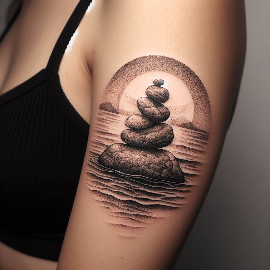A peaceful tattoo on the inner bicep, featuring a zen-like rock stack by the shore, with calm waves gently lapping at the base, using soft shading and minimal color to evoke a sense of serenity and the practice of mindfulness, inspired by the natural balance of stones.